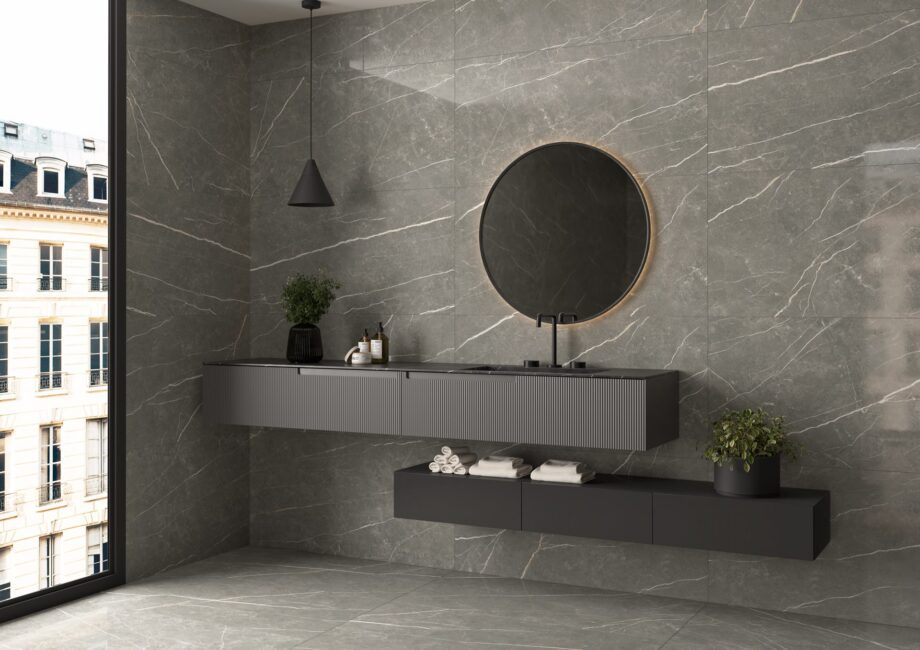 Marble-effect polished porcelain floor tile Tau Elite Graphite Pol, 15x120 cm, graphite grey, rectified – 2