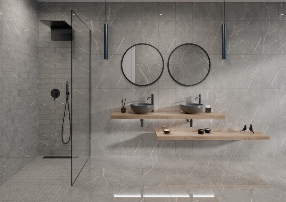 Marble-effect porcelain tile Tau Elite Gray, grey – view 2 Marble-effect polished porcelain floor tile Tau Elite Gray Pol, 60x120 cm, 10.5 mm, grey, rectified – 2