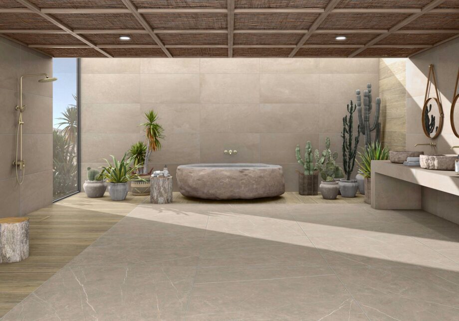Marble-effect porcelain tile Tau Elite Greige, greige – view 2 Marble-effect polished porcelain floor tile Tau Elite Greige Pol, 60x120 cm, 10.5 mm, greige, rectified – 2