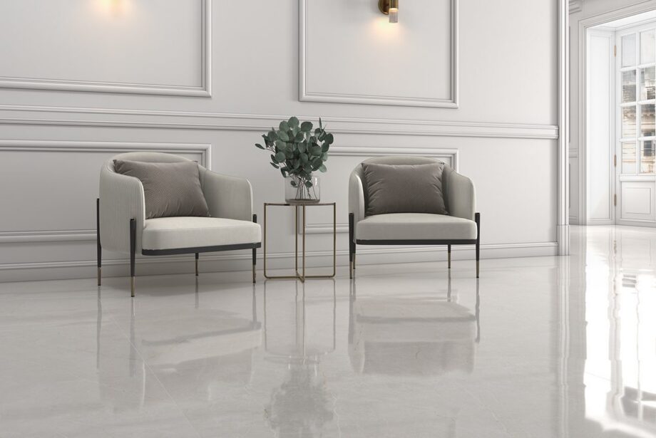 Marble-effect porcelain tile Tau Elite White, white – view 2 Marble-effect polished porcelain floor tile Tau Elite White Pol, 30x60 cm, 9.5 mm, white, rectified – 2