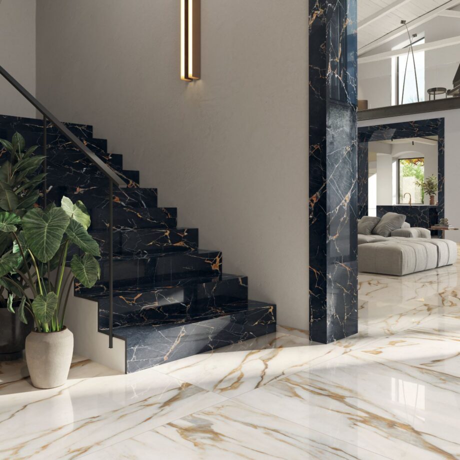 Marble effect porcelain tiles ABK Sensi Signoria Port Gold, 120x120 cm, 8.5 mm, natural matt, slip-resistant R10 – 5