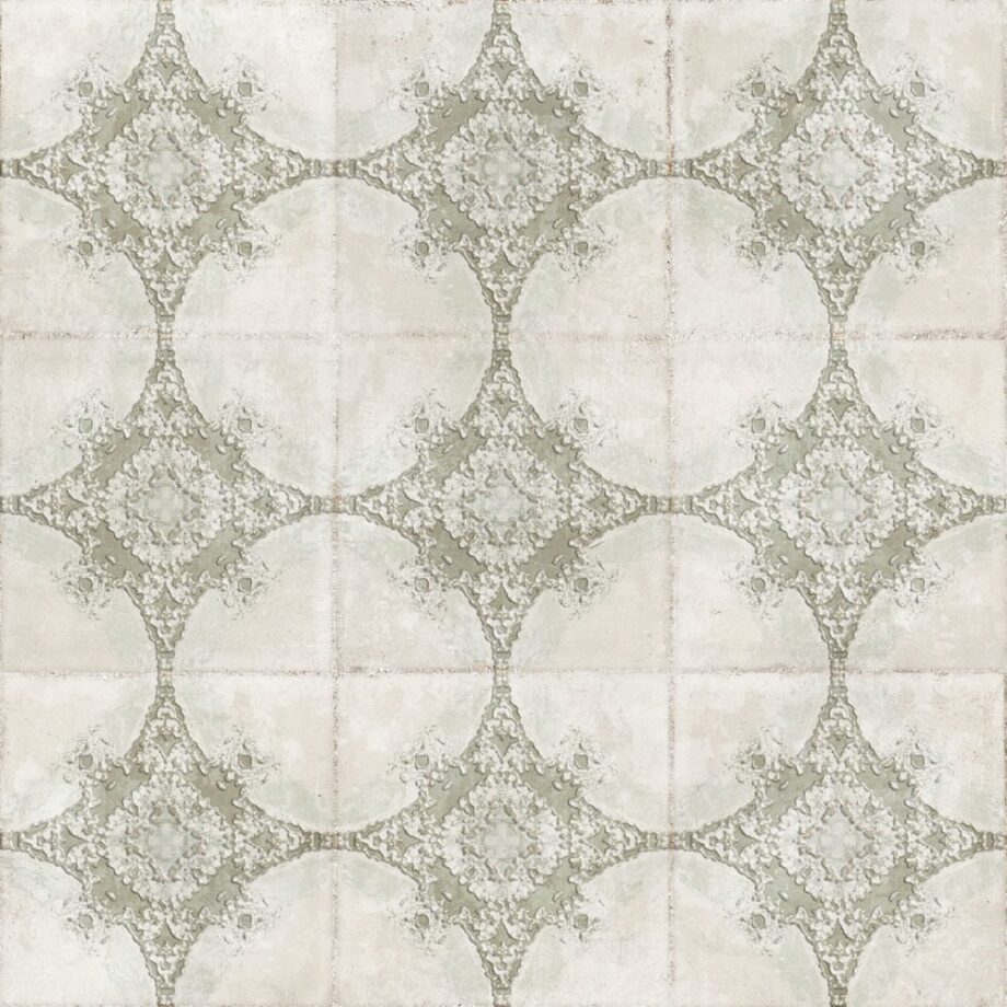 Patterned encaustic-look porcelain floor tile Dune Atlantique Saint-Michel Olive, 20×20 cm, 9 mm, glass paste relief – view 2 Patterned encaustic-look porcelain floor tile Dune Atlantique Saint-Michel Olive, 20x20 cm, 9 mm, glass paste relief – 2
