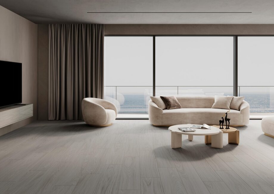Wood effect matt porcelain floor tile Tau Dover White, white, rectified – view 2 Wood effect matt porcelain floor tile Tau Dover White, 25x150 cm, white, rectified – 2