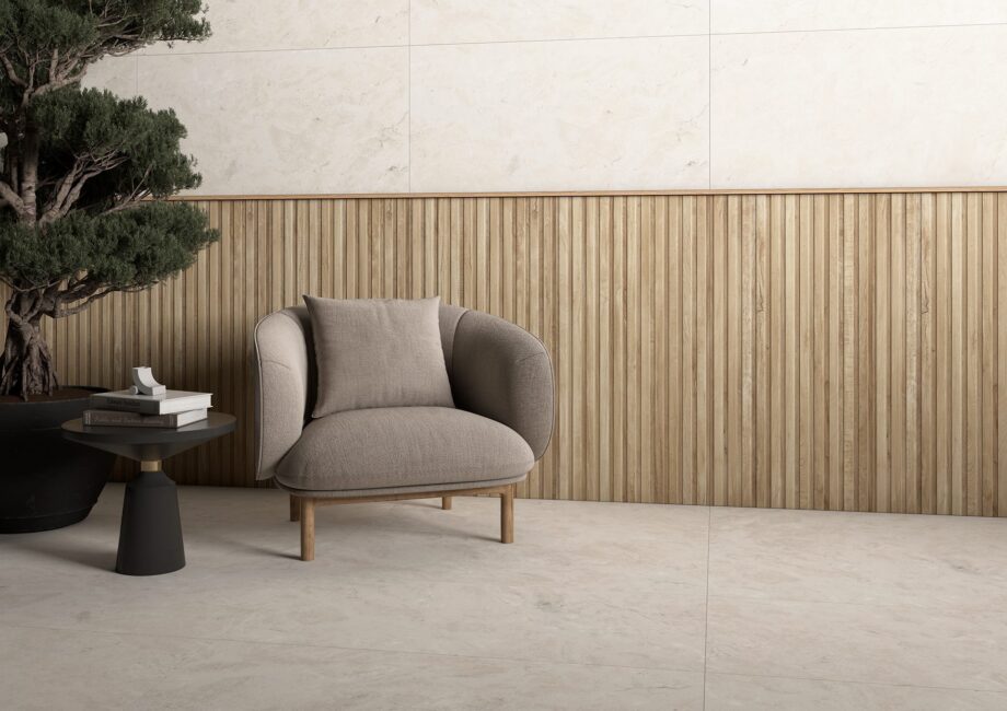 Wood effect porcelain tile Tau Eternal Haya, beech – view 4 Wood effect matt porcelain floor tile Tau Eternal Haya, 25x150 cm, beech, rectified – 4