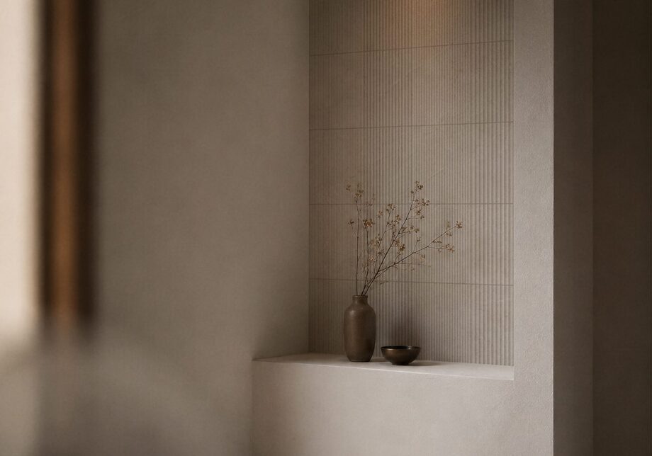 Stone-effect relief ceramic wall tile Tau Lithos Wall Relief Linen, 30×90 cm, 8.7 mm, linen beige, rectified – view 2 Stone-effect relief ceramic wall tile Tau Lithos Wall Relief Linen, 30x90 cm, 8.7 mm, linen beige, rectified – 2