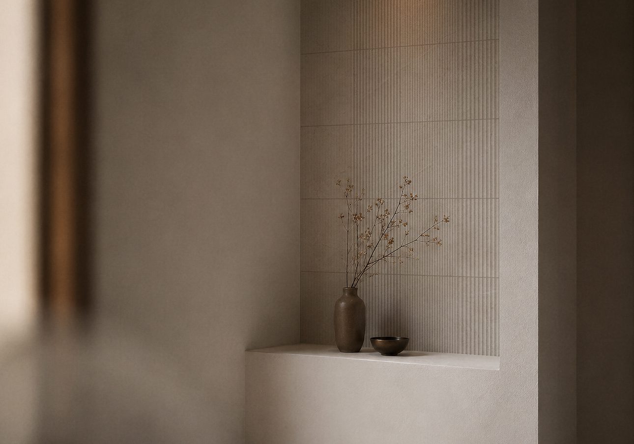Stone-effect relief ceramic wall tile Tau Lithos Wall Relief Linen, 30x90 cm, 8.7 mm, linen beige, rectified – 2