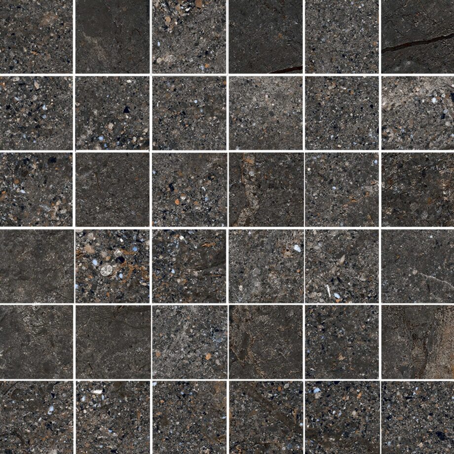 Stone-effect porcelain mosaic tile Tau Mainstone Graphite 5x5 Pol, 30x30 cm, graphite grey