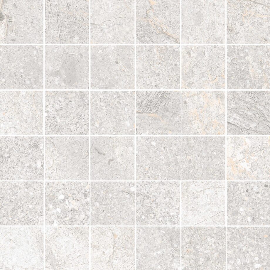 Stone-effect porcelain mosaic tile Tau Mainstone Silver 5×5 Pol, 30×30 cm, silver grey Stone-effect porcelain mosaic tile Tau Mainstone Silver 5x5 Pol, 30x30 cm, silver grey