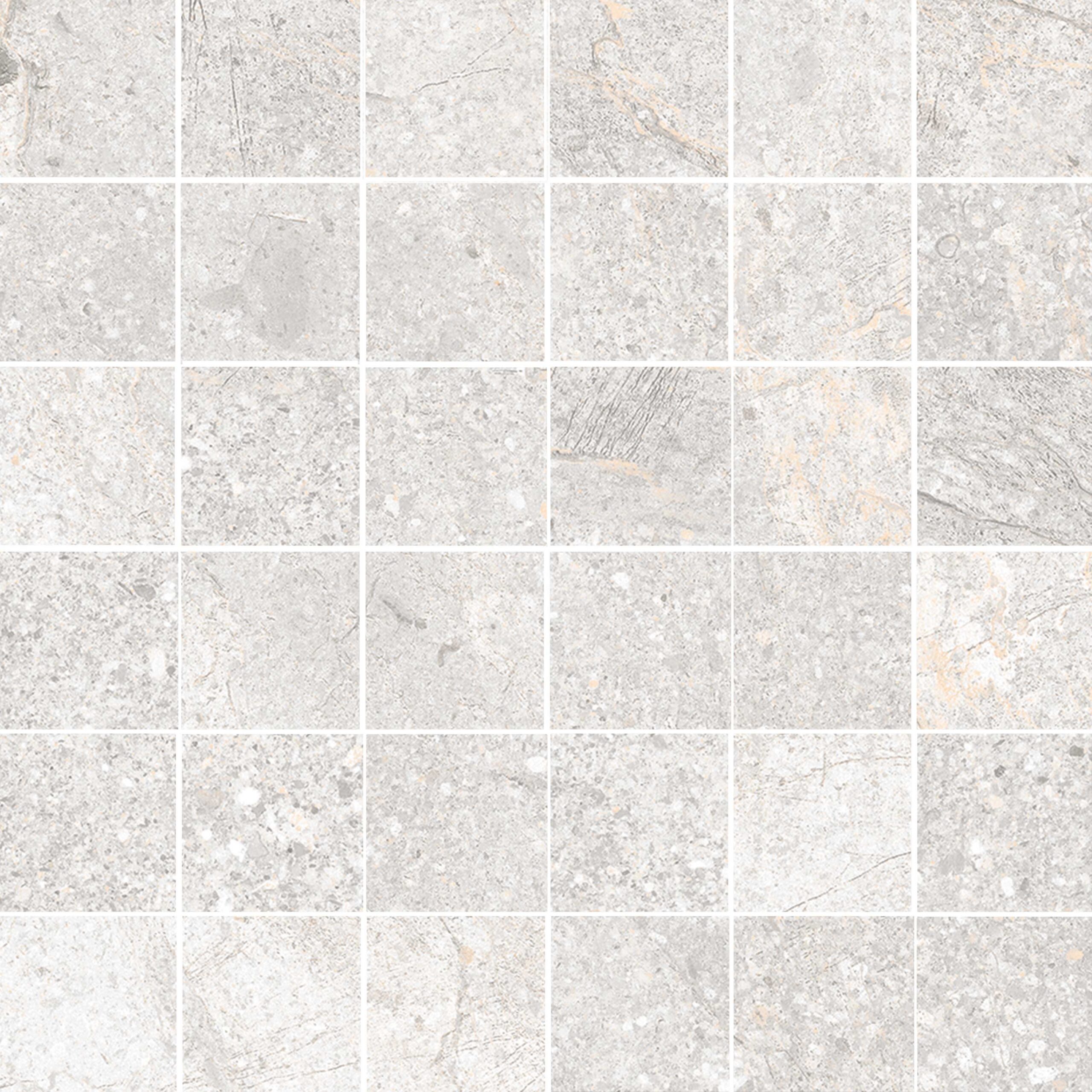 Stone-effect porcelain mosaic tile Tau Mainstone Silver 5x5 Pol, 30x30 cm, silver grey