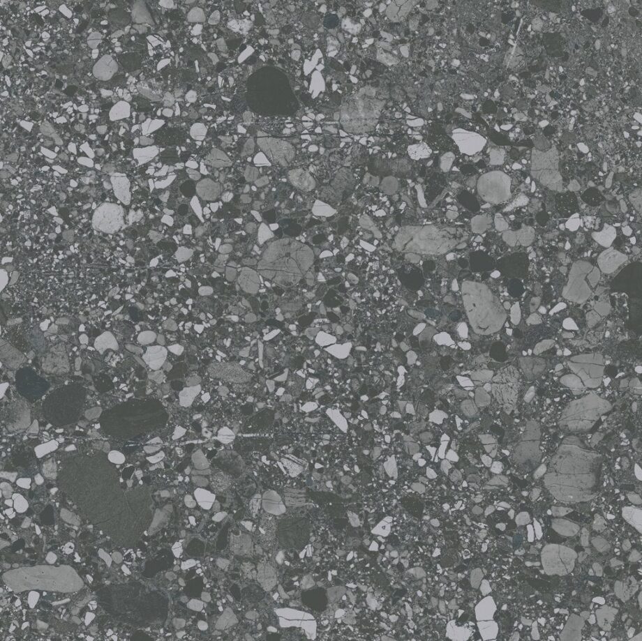 Terrazzo effect matt porcelain floor tile Tau Clemon Graphite, 60x60 and 60x120 cm, graphite grey, R10, rectified