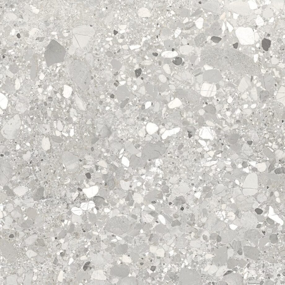 Terrazzo effect matt porcelain floor tile Tau Clemon Silver, 60×60 and 60×120 cm, silver grey, R10, rectified Terrazzo effect matt porcelain floor tile Tau Clemon Silver, 60x60 and 60x120 cm, silver grey, R10, rectified