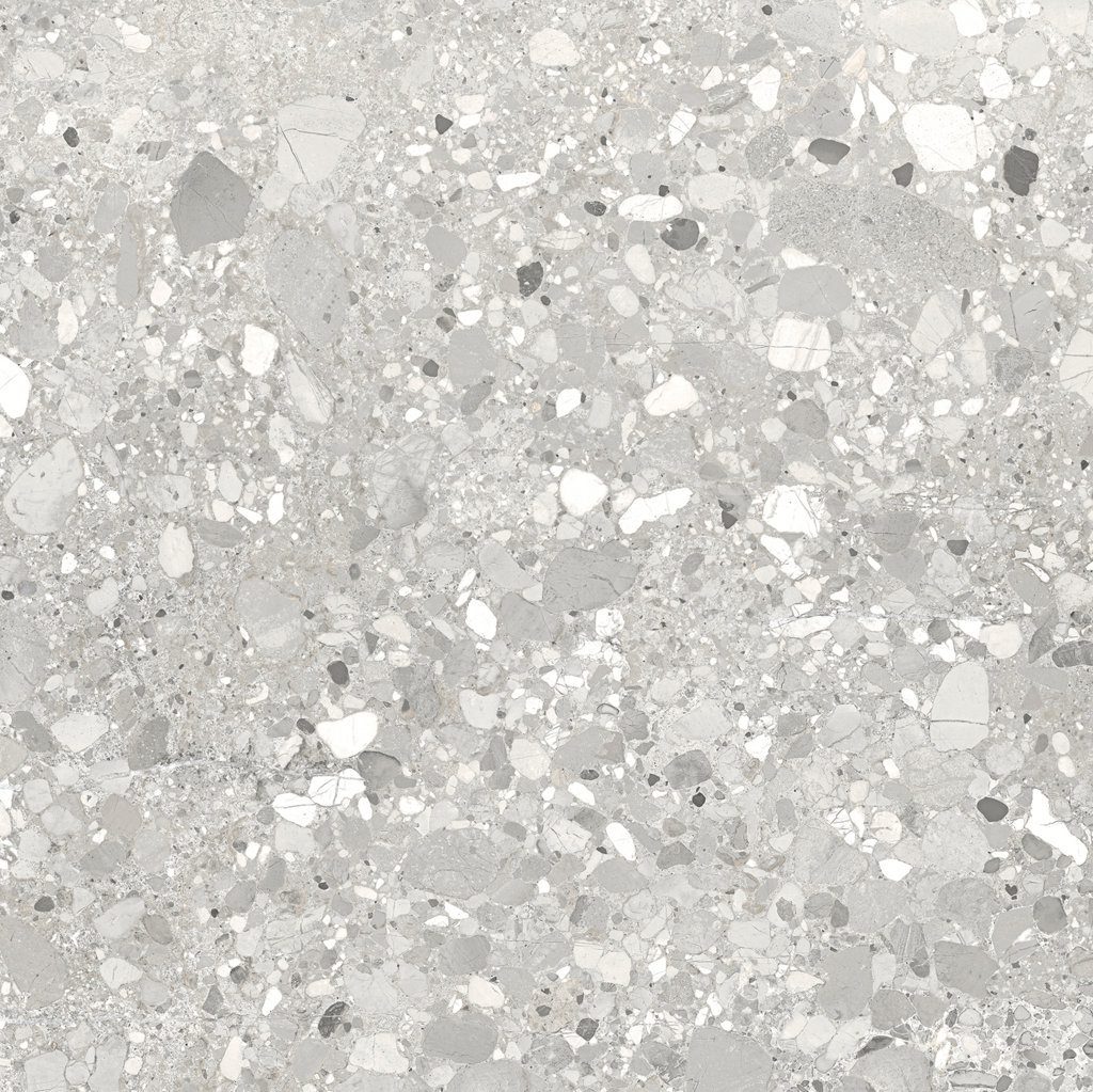 Terrazzo effect matt porcelain floor tile Tau Clemon Silver, 60x60 and 60x120 cm, silver grey, R10, rectified