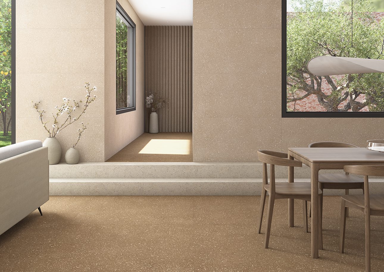 Terrazzo effect matt porcelain floor tile Tau Sassy Greige, 90x90 cm, greige, R10, rectified – 2